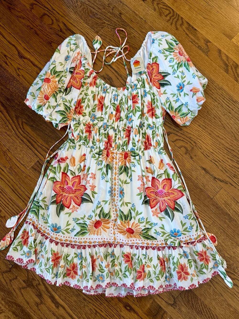 Farm Rio Floral Mini Dress Size S White Embroidered Puff Sleeve